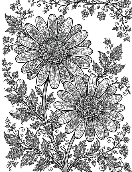 Detailed Daisy Duet coloring page: Two daisies in lace-like detail.