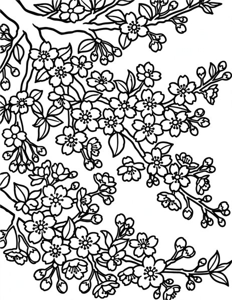 Cherry Blossom Branch coloring page: A branch heavy with cherry blossoms.