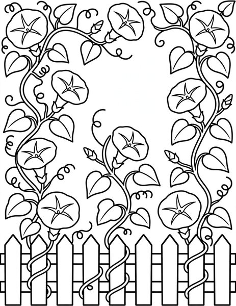 Morning Glory coloring page: Morning glories climb a little fence.