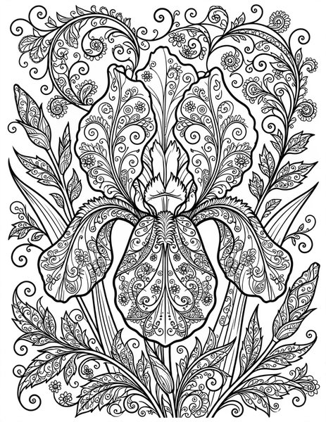 Detailed Iris Illusion coloring page: An iris with swirling patterns.