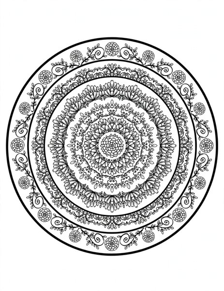 Detailed Marigold Mandala coloring page: A marigold mandala of tiny petals.