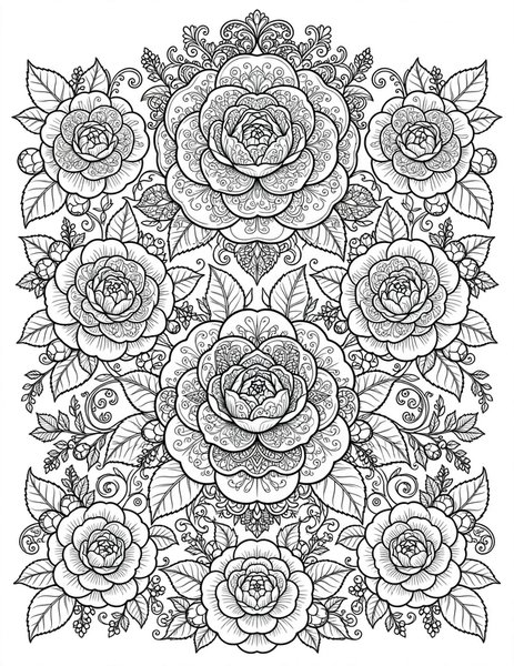 Detailed Camellia Court coloring page: Camellias arranged in a royal court.