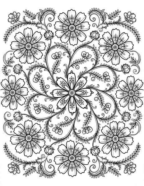 Detailed Cosmos Kaleidoscope coloring page: Cosmos in a kaleidoscope swirl.
