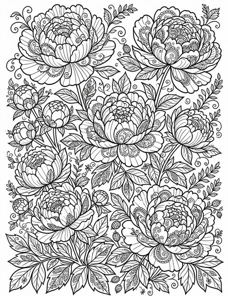 Detailed Peony Garden coloring page: A peony garden in dense linework.