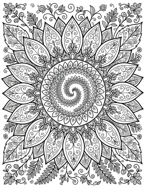 Detailed Sunflower Symphony coloring page: A sunflower with an intricate seed center.
