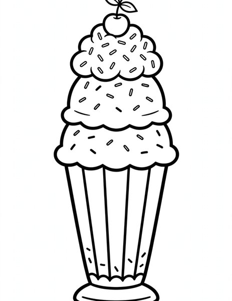 Ice Cream Sundae coloring page: A sundae with three scoops and a cherry.