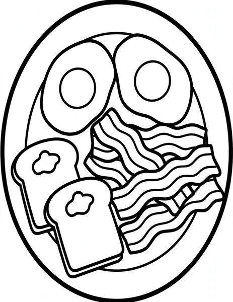 Breakfast Feast coloring page: Eggs, bacon, and toast on a big plate.