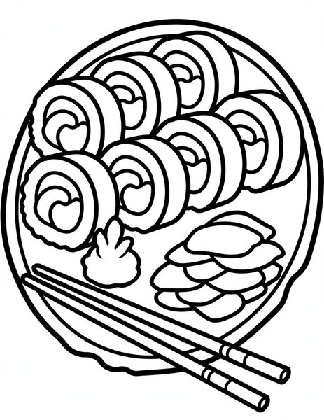 Sushi Roll coloring page: A colorful sushi roll platter with wasabi and ginger.