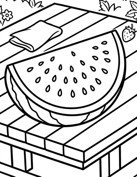 Watermelon Slice coloring page: A juicy watermelon slice with big black seeds.