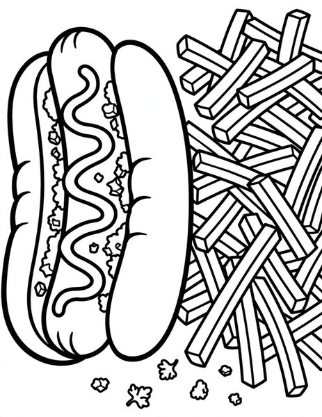 Hot Dog coloring page: A hot dog loaded with mustard and relish.