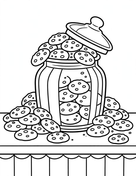Cookie Jar coloring page: A glass cookie jar full of chocolate chip cookies.