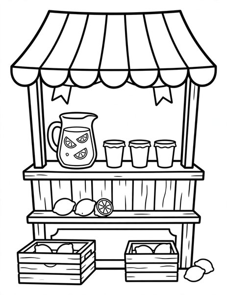 Lemonade Stand coloring page: A little lemonade stand with a pitcher and cups.