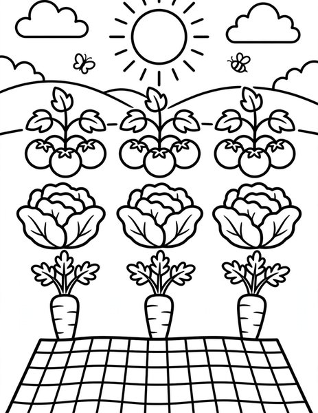Vegetable Garden coloring page: Fresh veggies growing in neat rows.