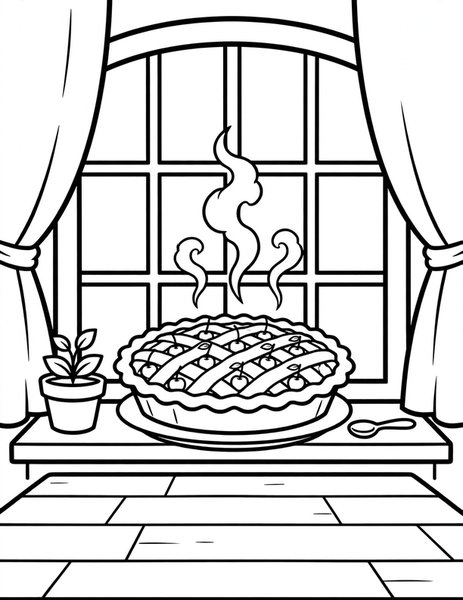 Pie Cooling coloring page: A cherry pie cooling on a windowsill.