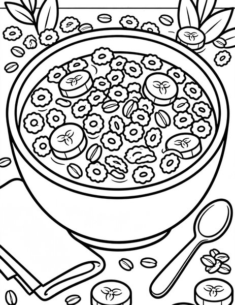 Cereal Bowl coloring page: A bowl of crunchy cereal with milk.