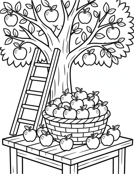Apple Picking coloring page: A basket full of shiny red apples.