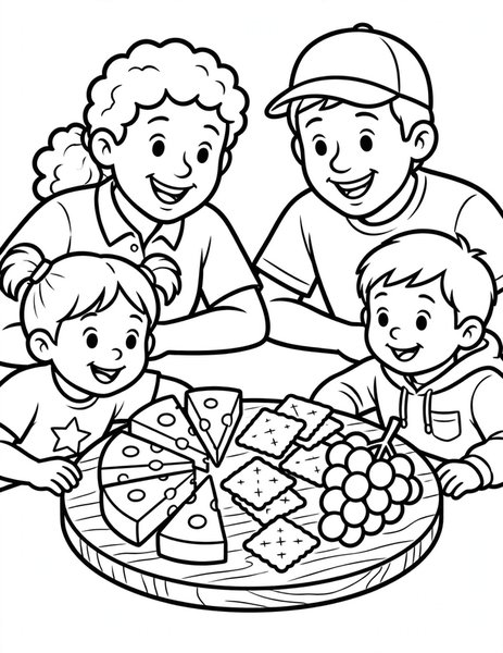 Cheese Platter coloring page: A board of cheeses and crackers.