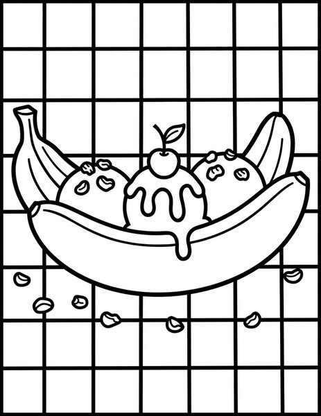 Banana Split coloring page: A banana split with three flavors.