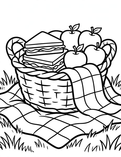Picnic Basket coloring page: A picnic basket packed with sandwiches and fruit.