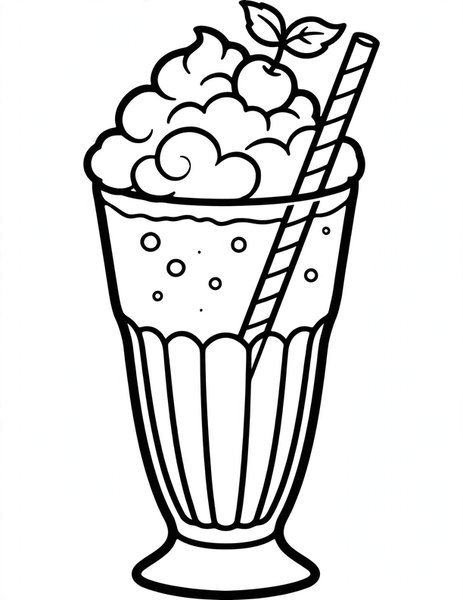 Milkshake coloring page: A tall milkshake with whipped cream and a straw.