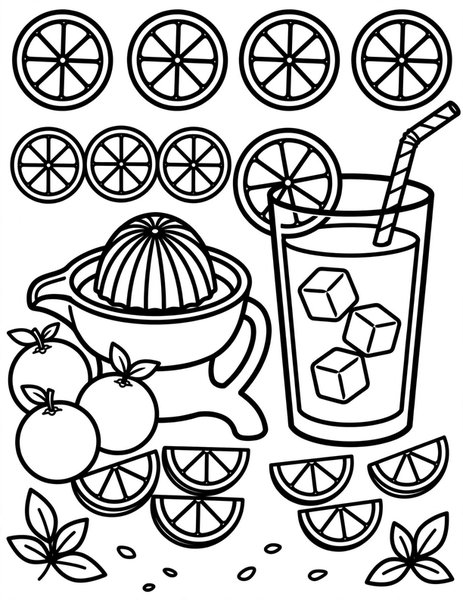 Orange Juice coloring page: A glass of fresh orange juice with orange slices.