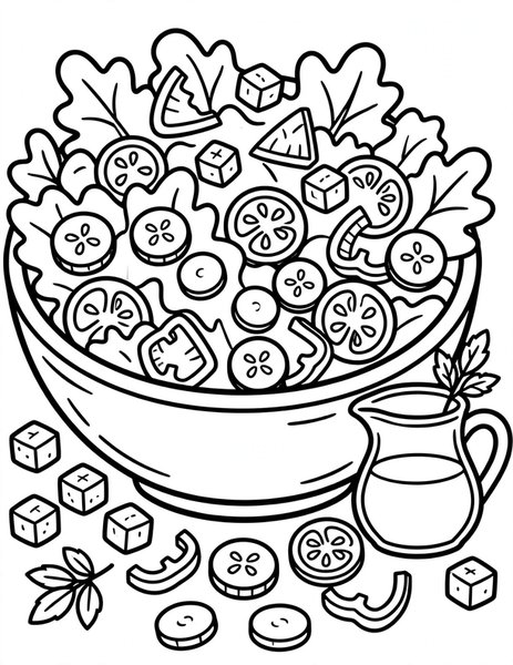 Salad Bowl coloring page: A fresh salad bowl with colorful vegetables.
