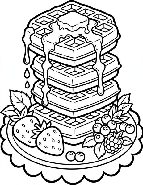 Waffle Morning coloring page: A stack of waffles with syrup and butter.