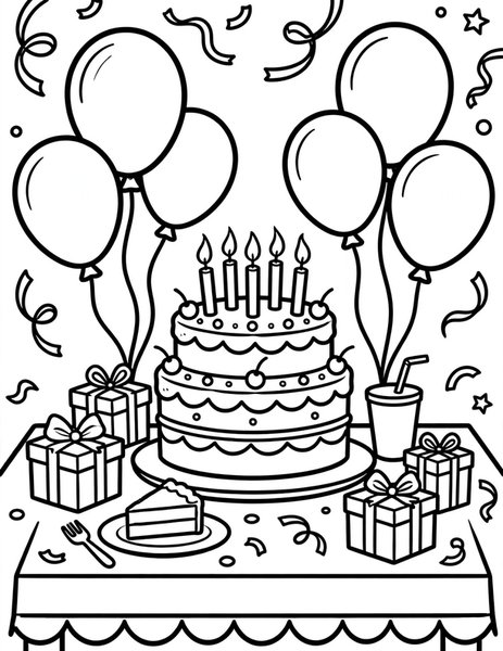 Birthday Cake coloring page: A cake with candles ready to blow out.