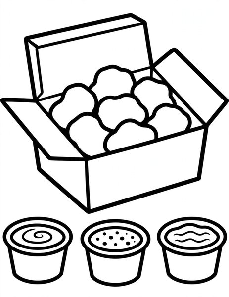 Chicken Nuggets coloring page: A box of chicken nuggets with dipping sauces.