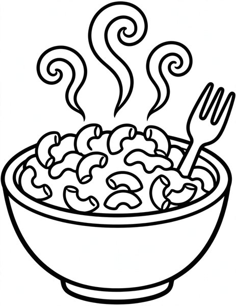 Mac and Cheese coloring page: A creamy bowl of mac and cheese.