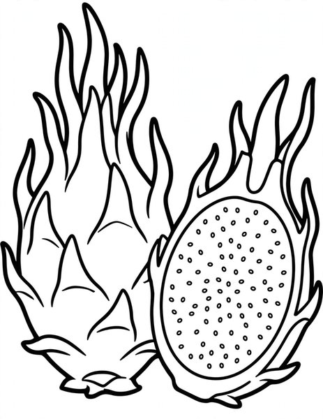 Dragon Fruit coloring page: A bright dragon fruit sliced open with tiny seeds.