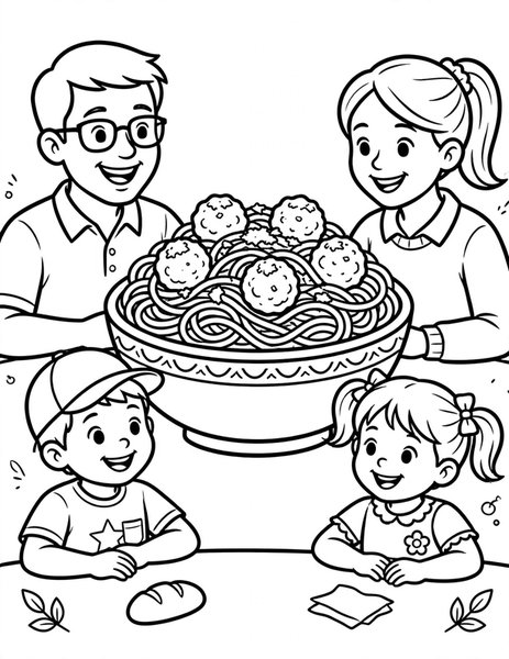 Spaghetti Night coloring page: Twirly spaghetti with meatballs.