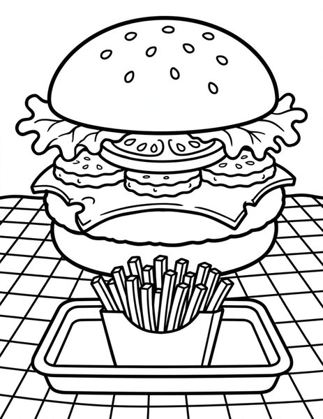 Burger Bonanza coloring page: A giant burger with all the fixings.