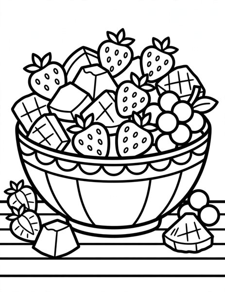 Fruit Salad coloring page: A bowl of colorful chopped fruit.