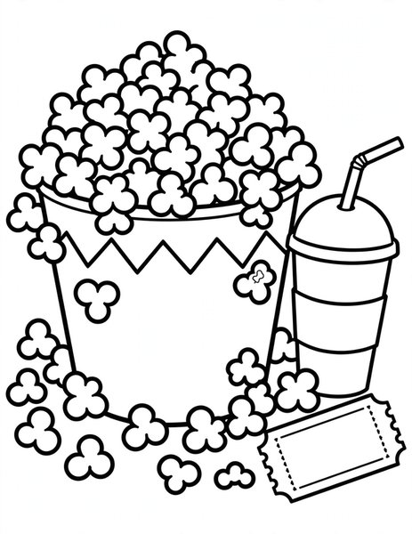 Popcorn Time coloring page: A bucket of buttery popcorn for movie night.