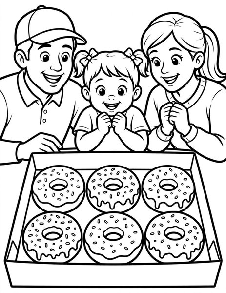 Donut Delight coloring page: A box of frosted donuts.
