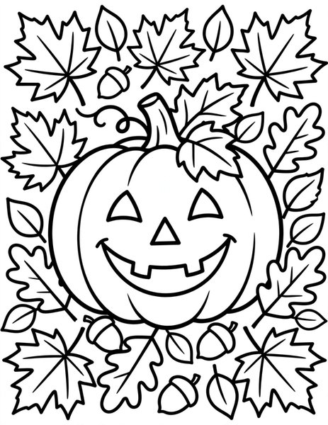Smiling Pumpkin coloring page: A big smiling jack-o'-lantern sits among autumn leaves.