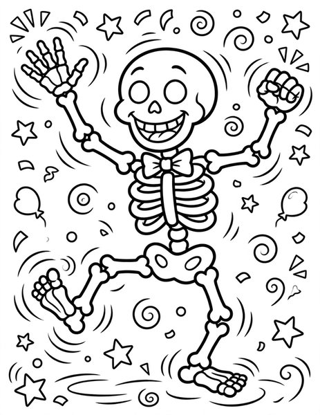 Dancing Skeleton coloring page: A goofy skeleton does a happy dance.