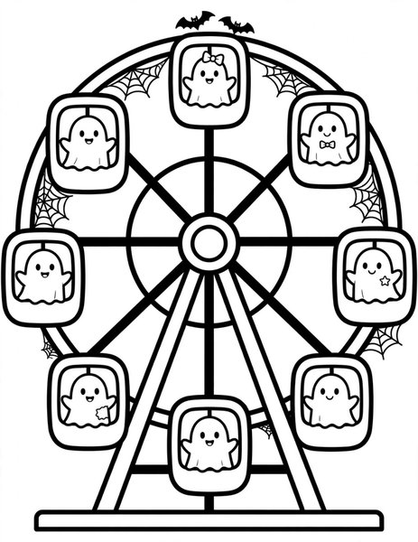 Ghost Ferris Wheel coloring page: Ghosts ride a haunted ferris wheel.
