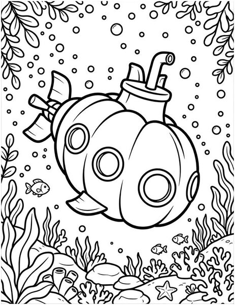 Pumpkin Submarine coloring page: A pumpkin submarine dives deep.