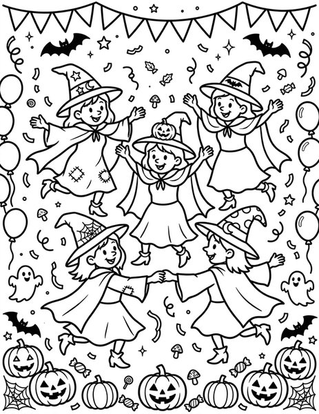 Witch Dance Party coloring page: Witches dance at a party.