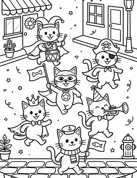 Black Cat Parade coloring page: Black cats parade down the street.