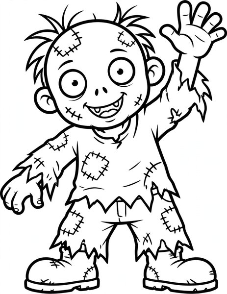 Zombie Friend coloring page: A friendly little zombie waves.