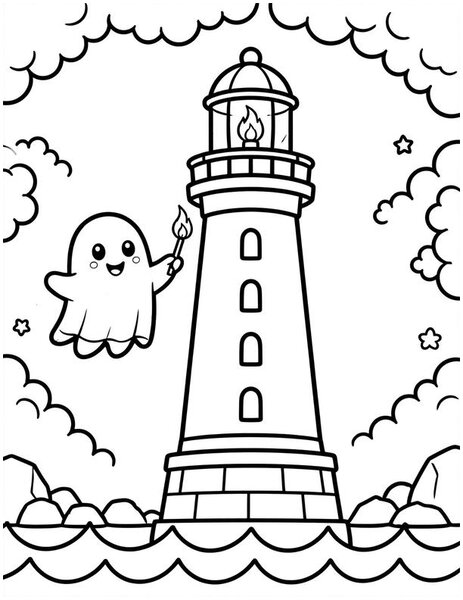 Ghost Lighthouse coloring page: A ghost lights a lighthouse.