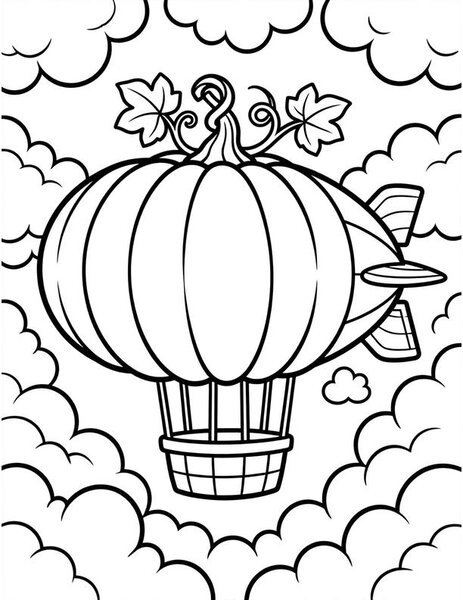 Pumpkin Blimp coloring page: A pumpkin blimp floats overhead.