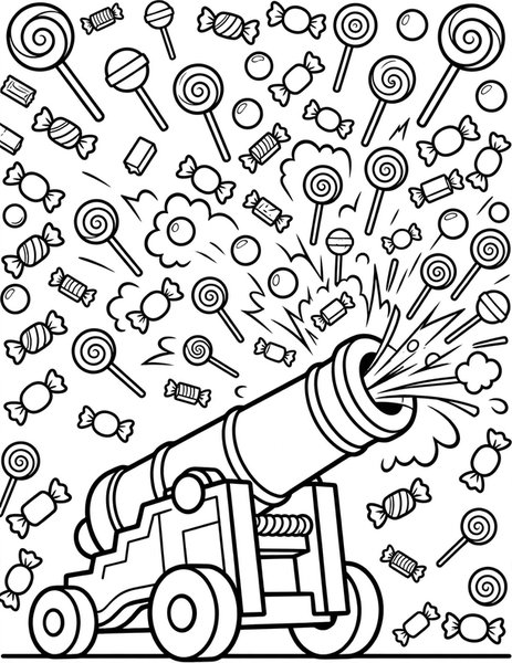 Candy Cannon coloring page: A candy cannon fires sweets.