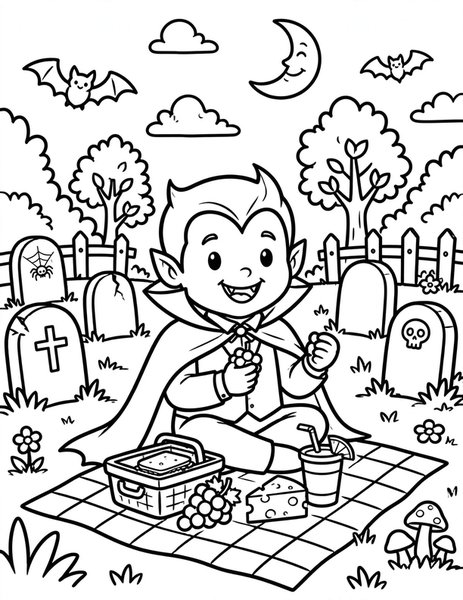 Vampire Picnic coloring page: A vampire enjoys a picnic.