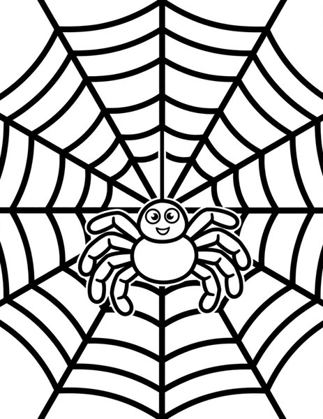 Spider Web coloring page: A smiling spider hangs from a big round web.