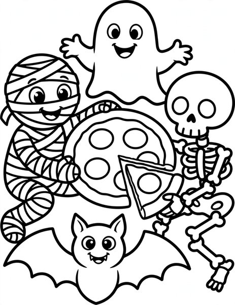 Mummy Pizza coloring page: A mummy shares a pizza.