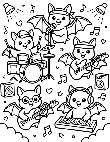 Bat Band coloring page: Bats play in a rock band.